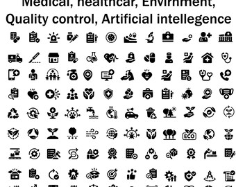 Set of 120 icons of , Medical, Healthcare, Environment, Quality control and Artificial intelligence