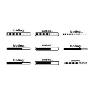 May include: A collection of black and white loading bar graphics. Each bar displays the word "loading..." or "LOADING..." above the progress indicator. The designs vary, including filled rectangles, circles, and dots.
