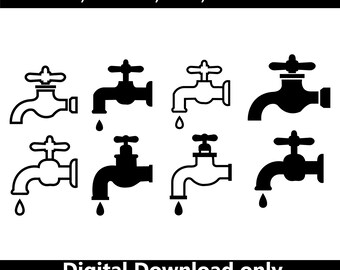 Faucet SVG, Water Tap Icon Set, Plumbing Vector, Dripping Clipart, Sink Spigot EPS AI, Digital Download