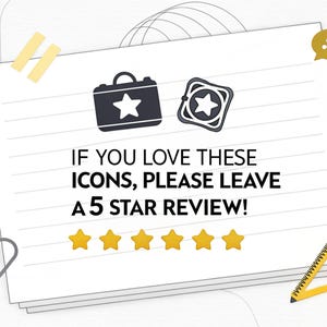 Może przedstawiać: Biały notatnik z tekstem "IF YOU LOVE THESE ICONS, PLEASE LEAVE A 5 STAR REVIEW!". Znajduje się na nim czarna ikona teczki z białą gwiazdą i kwadratowa ikona z gwiazdą. Poniżej znajduje się pięć złotych gwiazd.