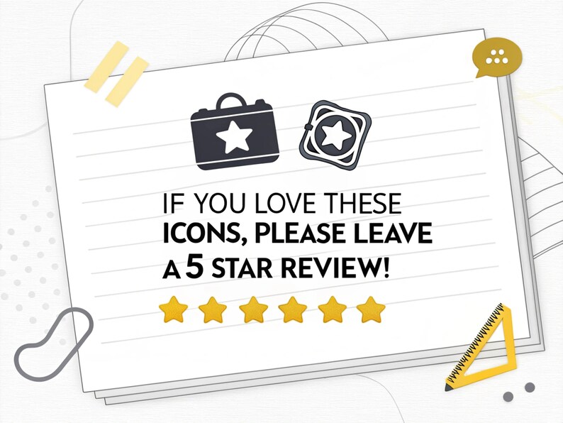 Może przedstawiać: Biały notatnik z tekstem "IF YOU LOVE THESE ICONS, PLEASE LEAVE A 5 STAR REVIEW!". Znajduje się na nim czarna ikona teczki z białą gwiazdą i kwadratowa ikona z gwiazdą. Poniżej znajduje się pięć złotych gwiazd.