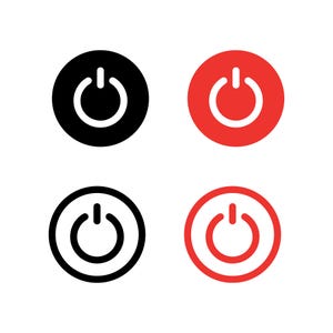 May include: Four power button icons. Two are solid, one black and one red. The other two are outlined, one black and one red. All icons are circular with a white power symbol in the centre.