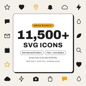 May include: A digital collection of 11,500+ SVG icons featuring flat and line styles organized into 644 named folders. The central text reads MEGA BUNDLE 11,500+ SVG ICONS, 644 Named Folders, Flat + Line Styles, and INSTANT DIGITAL DOWNLOAD.
