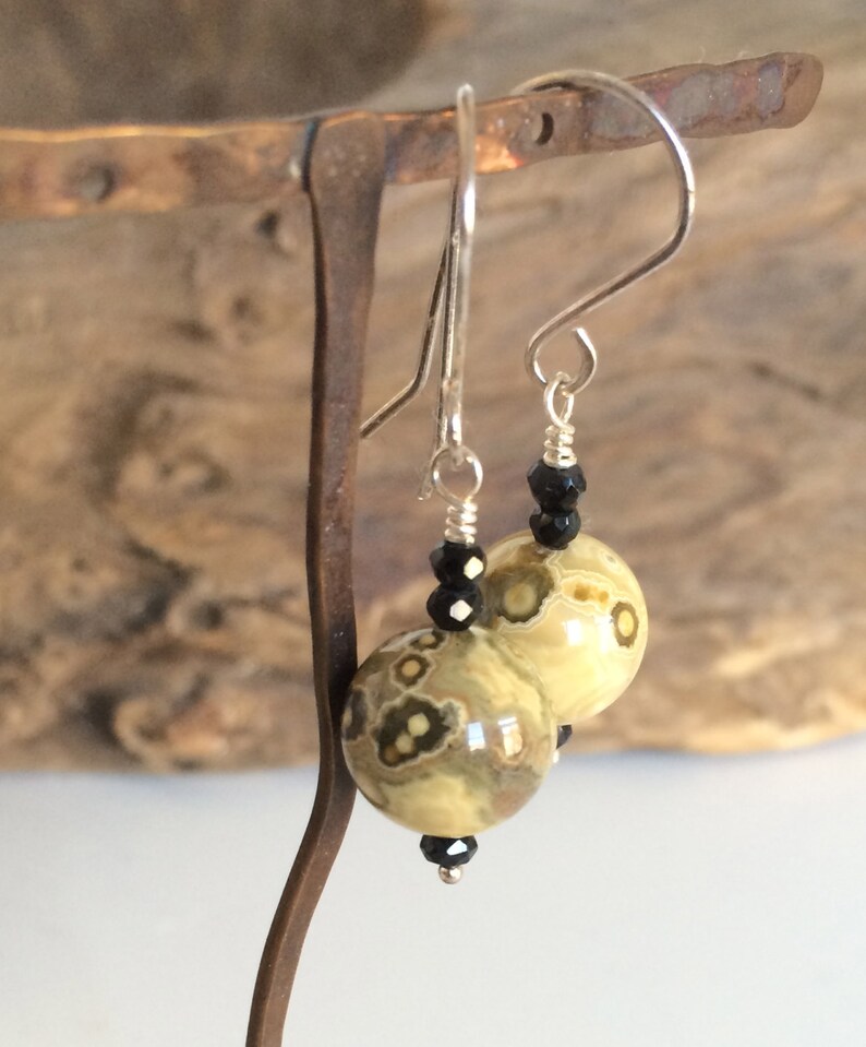 Ocean Jasper and Black Spinel Drop Earrings with Handmade Sterling Silver Ear Wires image 1