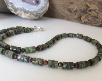 Men's Necklace Unisex Necklace  Green Chrysocolla Heishi Pietersite Necklace Rustic Boho Handmade Father's Day