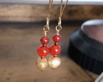 Drop Earrings Carnelian and Freshwater Pearls