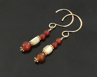 Drop Earrings Carnelian and Mother of Pearl Gold Filled Earwires