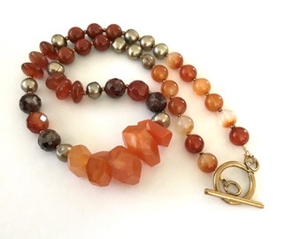 Beaded Necklace Carnelian Red Jasper Poppy Jasper Freshwater Pearls Brass Toggle Gift for Her