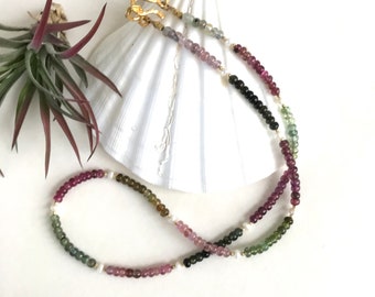 Delicate Necklace Watermelon Tourmaline and Tiny White Pearls Gift for Her