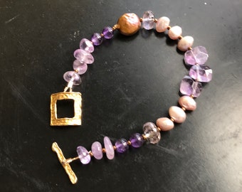 Gemstone Bracelet Amethyst Ametrine Freshwater Pearls Seed Beads Gold Vermeil Toggle OOAK Gift for Her Birthstone Jewelry