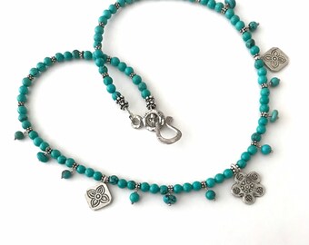 Boho Necklace of Turquoise with Hill Tribe Charms and Hook and Eye Clasp Gift for Her December Birthstone