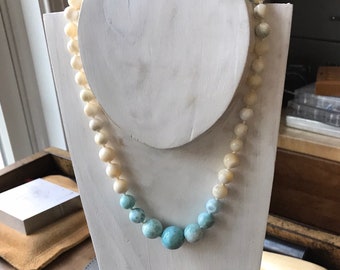 larimar mother of pearl necklace handknotted necklace AAA larimar beads handmade jewelry graduated larimar beads gift for her Mother’s Day