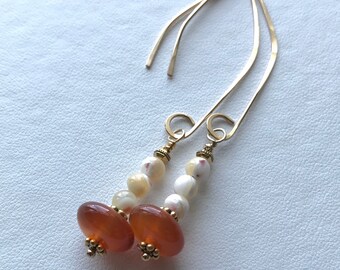 Drop Earrings Carnelian Discs and Mother of Pearl with Gold Vermeil
