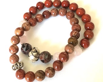 Stretch Bracelets Fossil Coral Rose Quartz Poppy Jasper Hill Tribe Silver Bali Silver Beads