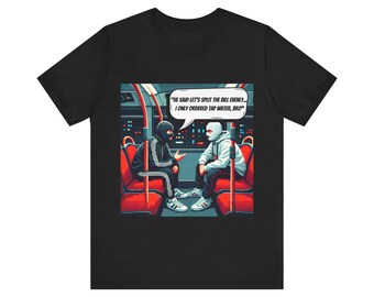 May include: A black t-shirt with a graphic of two people in a subway car. The text on the graphic says "HE SAID LET'S SPLIT THE BILL EVENLY. I ONLY ORDERED TAP WATER, BRO."