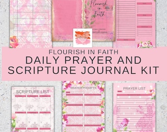 May include: A pink and floral Daily Prayer and Scripture Journal Kit. The kit includes a Bible reading log, a journal, a scripture list, prayer prompts, and a prayer list. The text "Flourish in Faith" is displayed prominently.