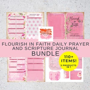 Puede incluir: Un conjunto de diarios de oración y escritura de las Escrituras con temática rosa y floral. La imagen incluye páginas de diario con indicaciones y listas, un logotipo y el texto "Flourish in Faith Daily Prayer and Scripture Journal Bundle".