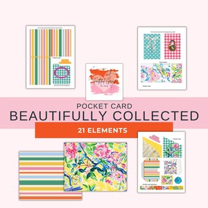 May include: A digital collection of 21 pocket card elements featuring colourful striped patterns, floral designs, and gingham prints. The set includes various printable sheets with pockets, tags, and decorative inserts labelled Beautifully Collected.
