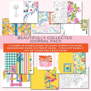 May include: A journal pack featuring two covers and twenty double pages, including interactive, background, statement, fold-out, cut-out, and back pages. The designs display floral patterns, birds, keys, frames, and polka dots in yellow, pink, and green.