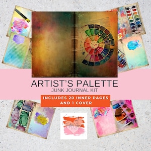 May include: An artist's palette junk journal kit with a vintage aesthetic. The cover features a watercolor palette design. Includes 20 inner pages and 1 cover. The pages have colorful watercolor accents.