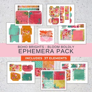 May include: A collection of Boho Brights ephemera pack elements, including tags, pockets, and patterned papers. The designs feature floral patterns, polka dots, and watercolor textures in shades of pink, teal, orange, and yellow. The text "BOHO BRIGHTS - BLOOM BOLDLY EPHEMERA PACK" is displayed.