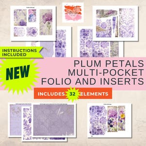 Puede incluir: Colección de elementos de papel imprimibles para manualidades, con un tema floral de ciruela y lavanda. El diseño incluye etiquetas, papeles estampados e insertos de diario. El texto incluye "Plum Petals Multi-Pocket Folio and Inserts" y "Includes 32 Elements".