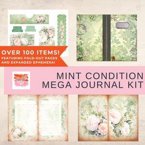 Diário de Junk | Kit MEGA | Condição impecável | Damasco verde | Florais | Download digital | Shabby Chic | Páginas para impressão | Papel de parede vintage