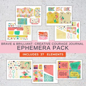 Könnte beinhalten: Eine Sammlung farbenfroher Ephemera für kreatives Journaling. Das Paket enthält Tags, Etiketten und dekorative Elemente mit Retro-Design. Der Text auf dem Bild lautet "BRAVE & BRILLIANT: CREATIVE COURAGE JOURNAL EPHEMERA PACK" und "INCLUDES 37 ELEMENTS".