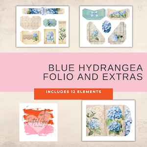 May include: A collection of paper ephemera with blue hydrangea floral designs. The set includes tags, pockets, and decorative elements. The text "BLUE HYDRANGEA FOLIO AND EXTRAS" is displayed, along with "INCLUDES 12 ELEMENTS". The Faithful Grace art shop logo is also visible.