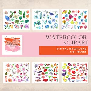 May include: Watercolor clipart digital download featuring 153 images. The image showcases various watercolor illustrations of flowers, leaves, hearts, and other elements. The color palette includes shades of pink, blue, green, yellow, and red. The text "Faithful Grace art shop" is also visible.