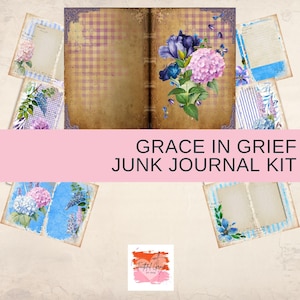 May include: A vintage-style junk journal kit. The central design is an open book with a floral arrangement of purple irises and pink hydrangeas. Additional pages feature floral and striped patterns. The text "GRACE IN GRIEF JUNK JOURNAL KIT" is displayed.