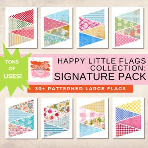 May include: Collection of eight art prints featuring colorful, patterned flag designs. Each print showcases a unique arrangement of triangles with various patterns, including polka dots, stripes, and floral motifs. The text reads "HAPPY LITTLE FLAGS COLLECTION: SIGNATURE PACK".