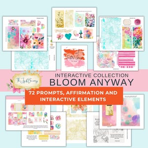 May include: A digital collection titled Bloom Anyway featuring 72 prompts, affirmations, and interactive elements. The set includes various printable pages with floral patterns, watercolor textures, maps, tags, pockets, and journaling cards in pink, blue, and yellow hues.