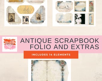 Antik scrapbookfolie och extramaterial | 14 element | Vintage fotodesign | Utskrivbar anteckningsbok | Papperstillbehör