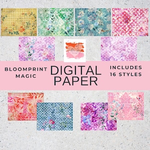 May include: Digital paper pack featuring 16 styles with floral and abstract designs. The color palette includes shades of pink, blue, green, and yellow. The text on the image reads "Bloomprint Magic Digital Paper".