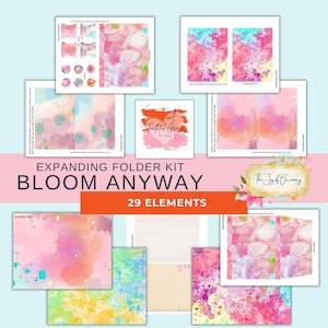 May include: An expanding folder kit titled Bloom Anyway with 29 elements. The kit includes various printable sheets featuring watercolor patterns in pink, orange, yellow, and blue, along with a logo for Faithful Grace Art Shop and labels.