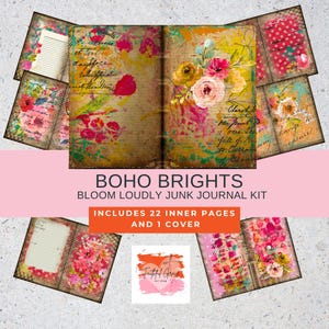 Può includere: Un kit di diario spazzatura Boho Brights con un design floreale. La copertina e le pagine interne presentano fiori ad acquerello nei toni del rosa, giallo e arancione. Il kit include 22 pagine interne e 1 copertina. Il testo recita "Bloom Loudly Junk Journal Kit".