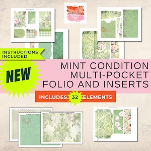 May include: A collection of paper ephemera with a mint green and floral theme. The image includes a multi-pocket folio and inserts, with the text "MINT CONDITION MULTI-POCKET FOLIO AND INSERTS" and "INCLUDES 32 ELEMENTS".
