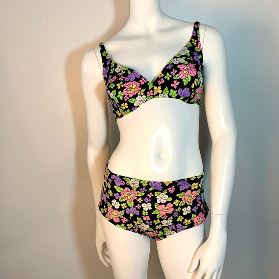 Vintage 60s Bikini Black Psychedelic Floral Helanc