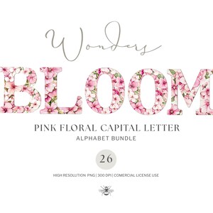 Puede incluir: Un diseño digital con la palabra "BLOOM" en mayúsculas, cada una llena de patrones florales rosas. El texto "Wonders" está arriba, y "PINK FLORAL CAPITAL LETTER ALPHABET BUNDLE" está abajo. Un número "26" está en un círculo.