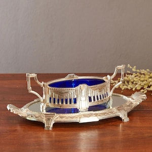 Cobalt glass jardinier, silver plated antique, produced in the 1930s.