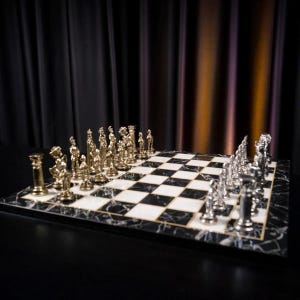 Kingsize metalen Engelse schaakset glanzend en opvouwbaar mdf houten schaakbord met marmerpatroon