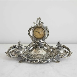 Messing gegoten inktpotset, antieke inktpotset in rococo-stijl, verzilverde vintage look
