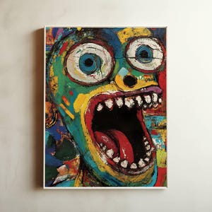 May include: Abstract art print featuring a vibrant, expressive face with wide eyes and an open mouth. The artwork uses bold colors like green, blue, yellow, and red, creating a striking visual impact. The painting is framed in a white border.