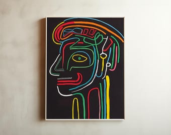 Colorful Abstract Face Line Art Print – Modern Expressionist Decor (Digital Download)