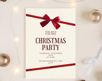 Red Bow Christmas Party Invitation, Coquette Holiday Evite (Canva Template)