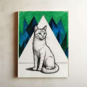 May include: A framed artwork featuring a seated cat with green eyes, rendered in grayscale. The cat is positioned in front of a white triangle, with a backdrop of green and blue geometric mountain shapes. The artwork is encased in a white frame.