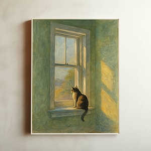 May include: A framed painting of a cat looking out of a window. The artwork uses a muted palette of greens and yellows, with sunlight illuminating the scene. The cat is brown and black, perched on the windowsill.