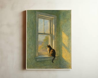 May include: A framed painting depicts a cat sitting on a windowsill, gazing out. The artwork features a muted color palette of greens and yellows, with sunlight streaming through the window. The cat is brown and black.