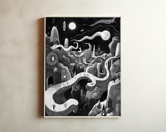 Abstract Landscape Art Print – Black and White Surreal Drawing (Digital Download)